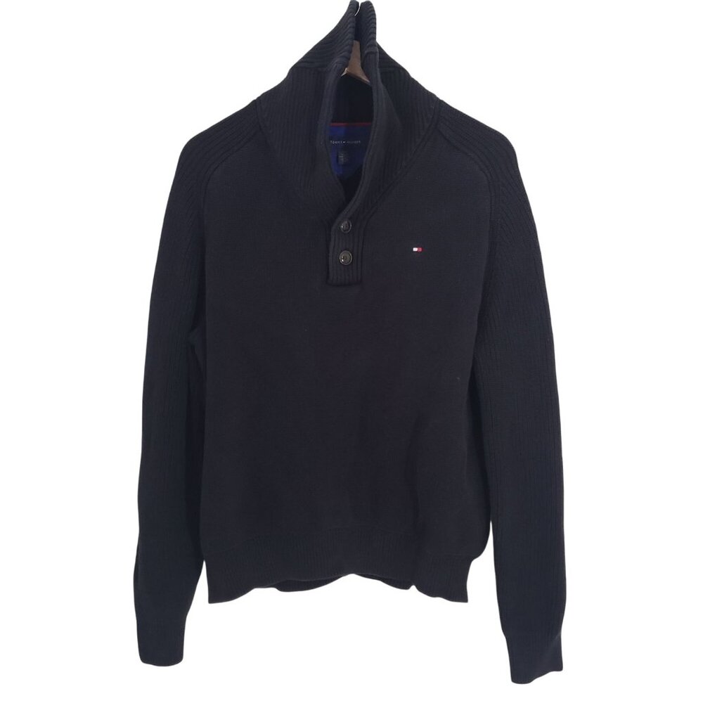 Tommy Hilfiger Mens Black Knit Sweater Cotton High Collar Size L Preppy Nautical